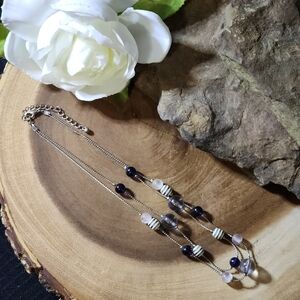 2 Strand Silver Toned Chain With Blue, White And Gray Striped Beads